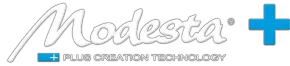 Modesta logo with a blue plus sign and text