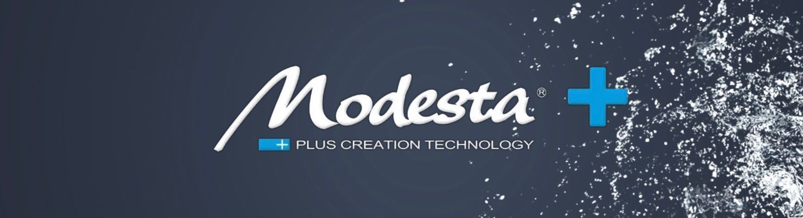Modesta logo with a plus sign, on a dark blue background with water effect.