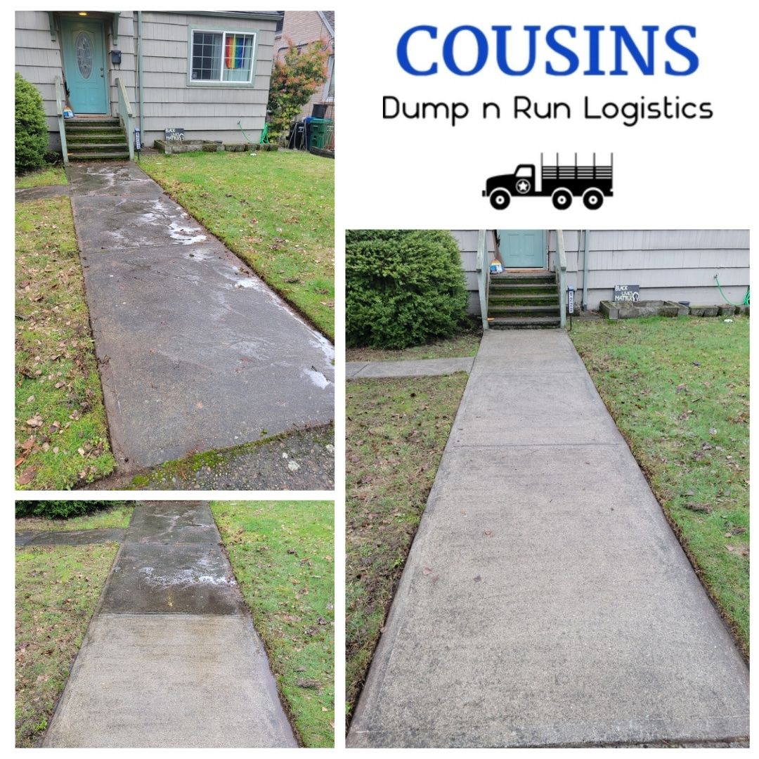 pressure washing services, showcasing a before, during, and after.
