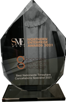 Winner of the Best Nationwide Timeshare Cancellation Specialist award 2021. Awarded by SME News Northern Enterprise Awards. Glass award.