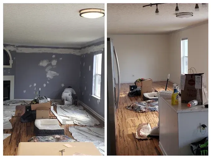 Two-panel view showing a room being painted, then completed with hardwood floors and white walls.