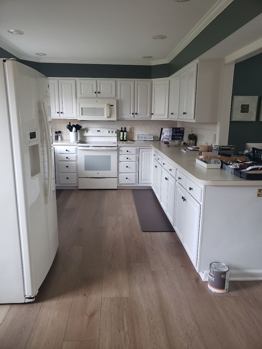 White kitchen with white cabinets, appliances, and countertops; wood floors.