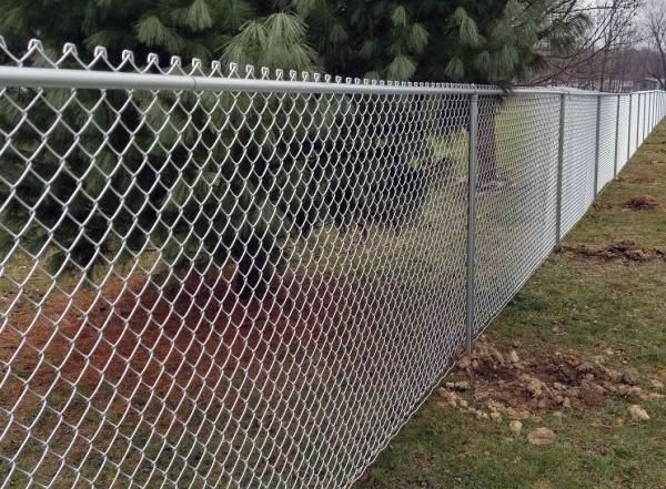 A chain link fence is surrounded by grass and trees.