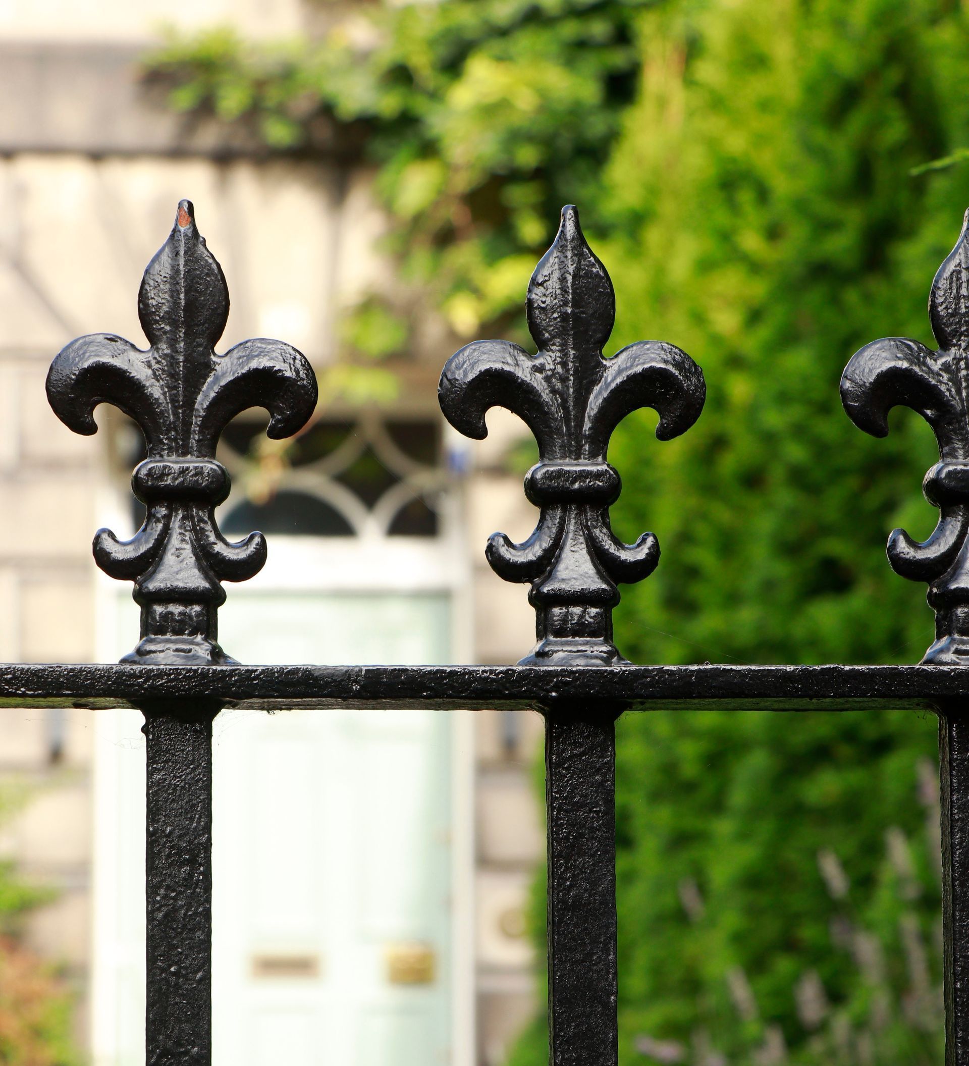 A black wrought iron fence with a door in the background