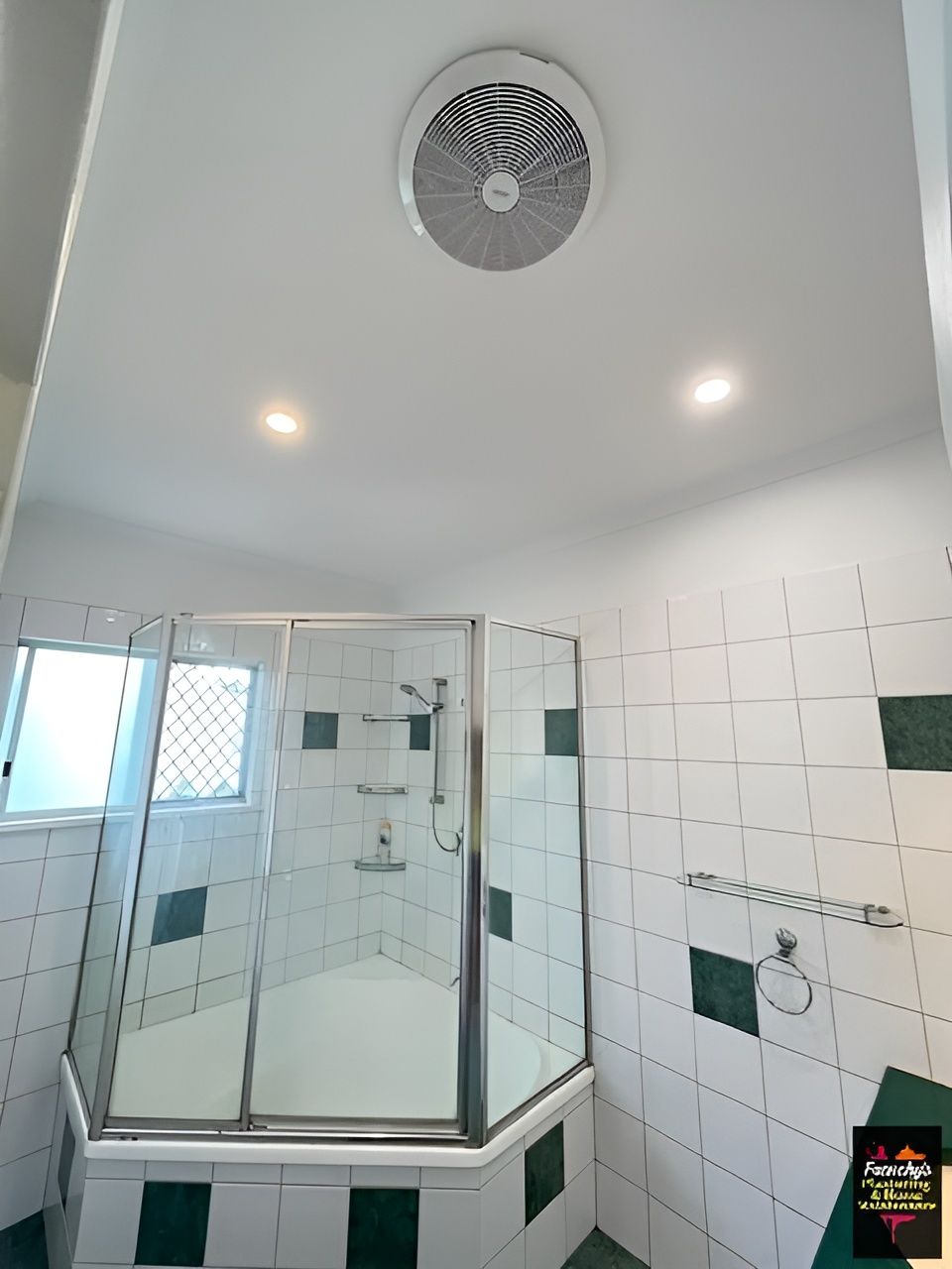 Bathroom with White Tile, Shower, and Ceiling Vent — Frenchy’s Plaster & Paint in Bellamack, NT