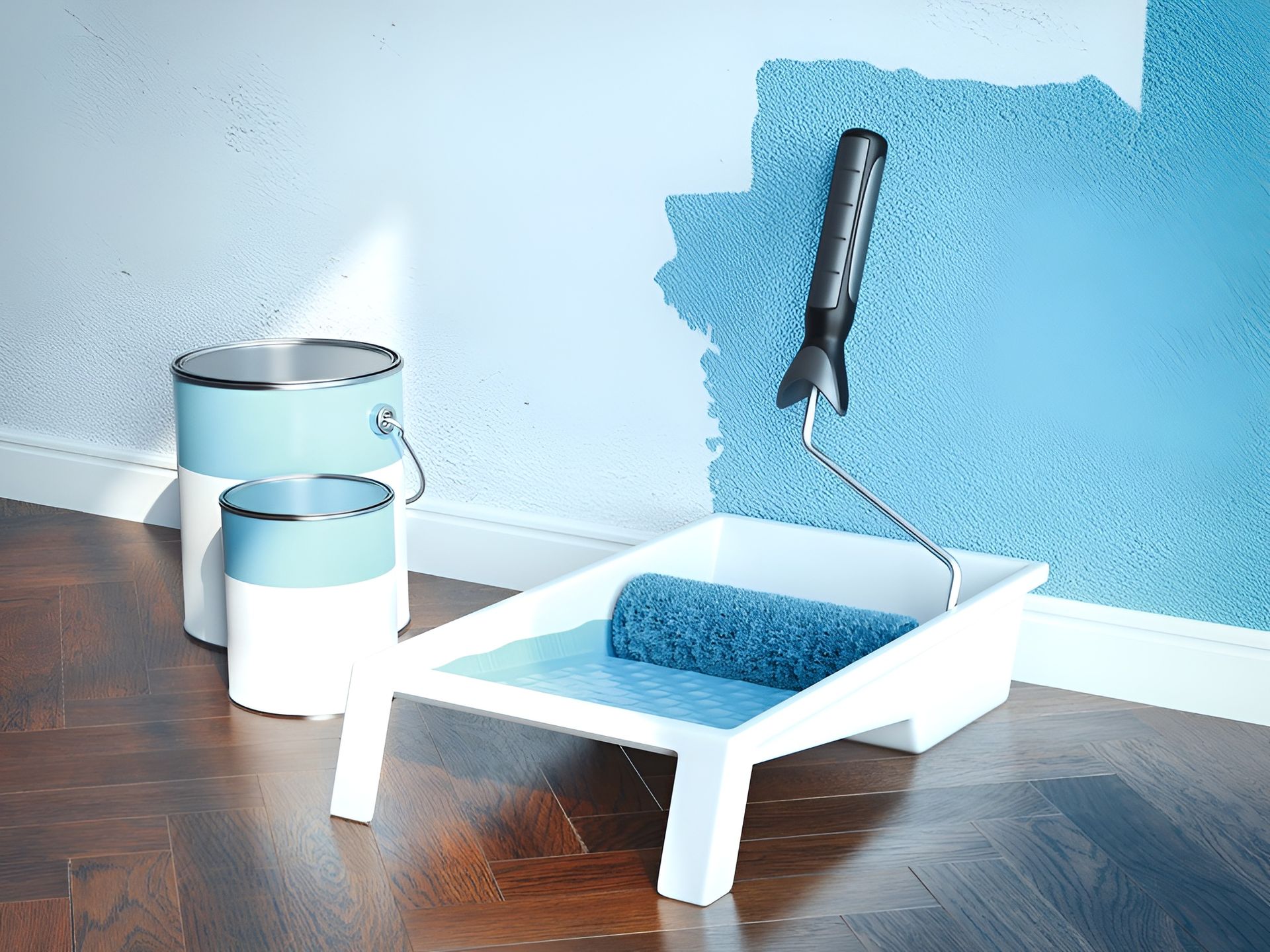 Paint Supplies, Roller, Tray, and Freshly Painted Blue Wall, on A Wood Floor — Frenchy’s Plaster & Paint in Humpty Doo, NT