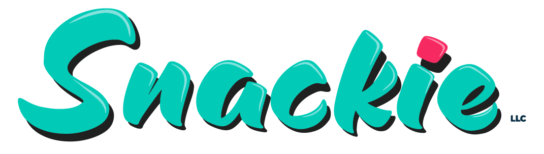 The word snackie is written in blue on a white background.
