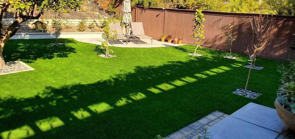 A backyard with a lush green lawn and a fence.