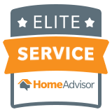 HomeAdvisor Elite Service badge with orange ribbon and gray backing.
