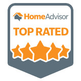HomeAdvisor Top Rated badge: Orange stars and text on gray and white shield.