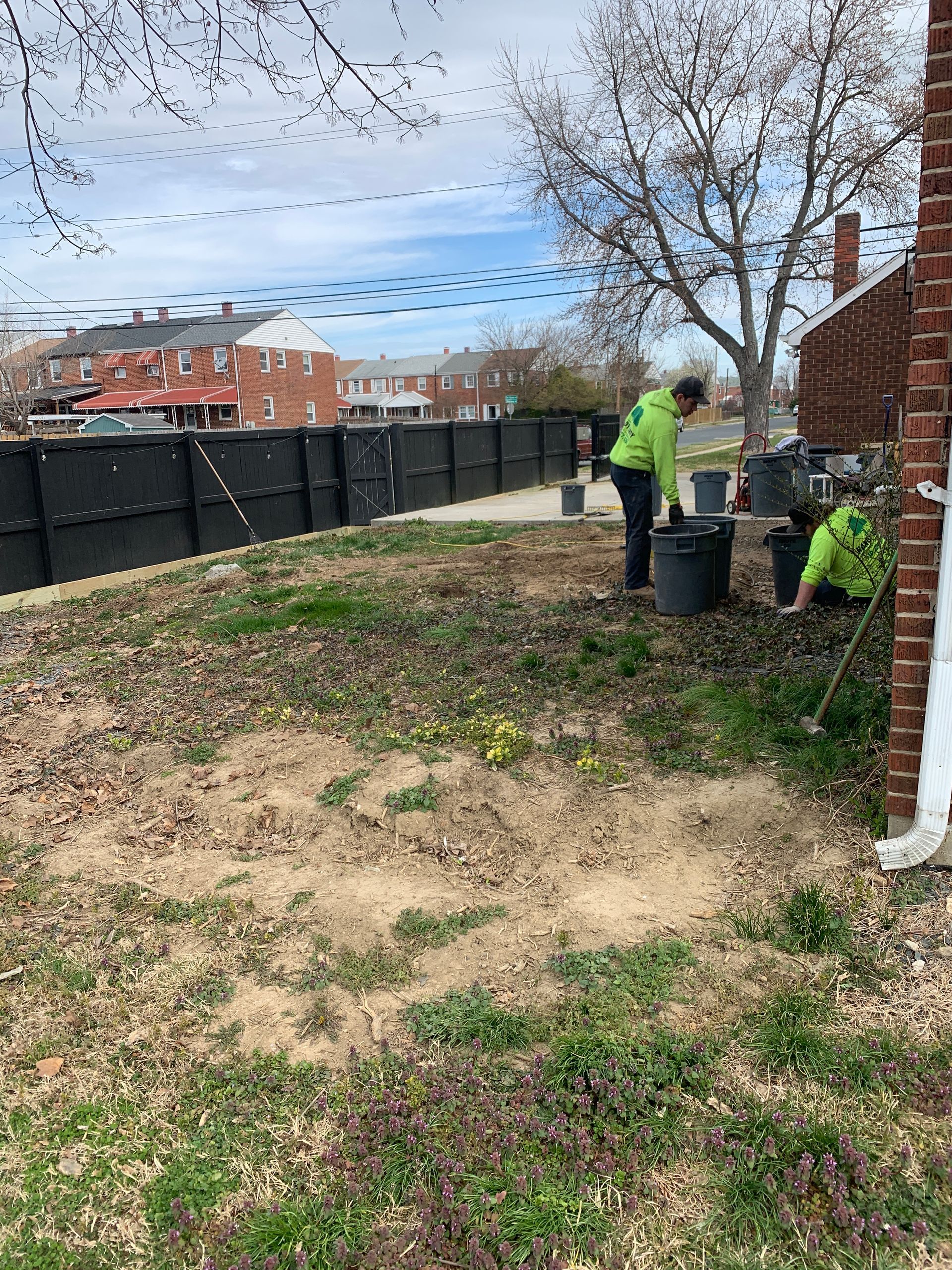 A group of people are working in a backyard.