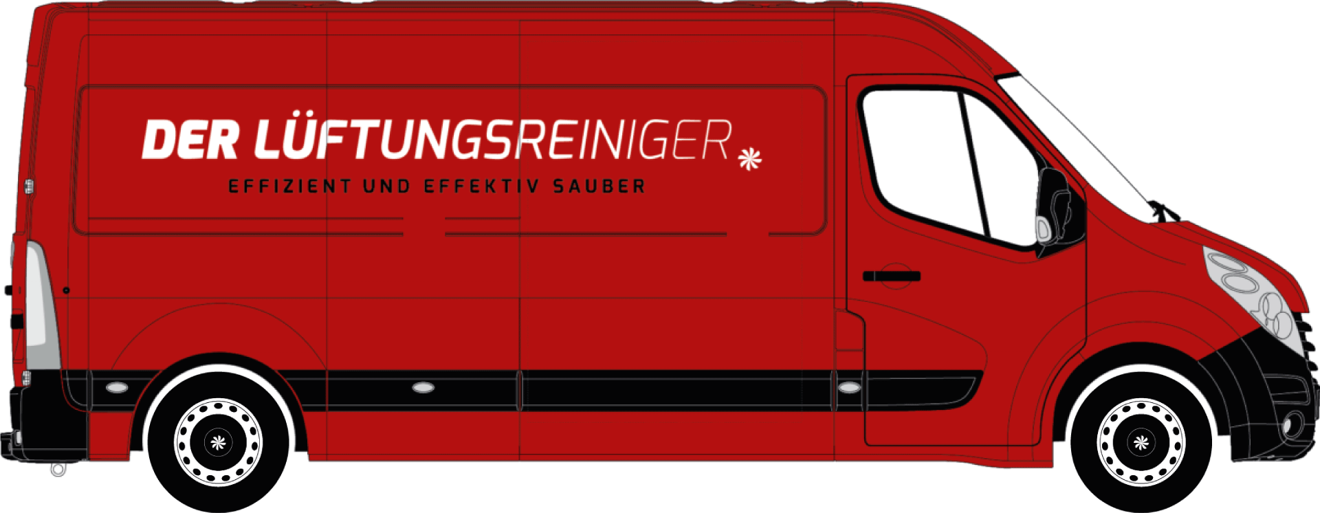 Ein roter Lieferwagen mit der Aufschrift „Der Luftungsreiniger“ an der Seite.