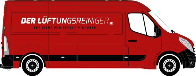 Ein roter Lieferwagen mit der Aufschrift „Der Luftungsreiniger“ an der Seite.