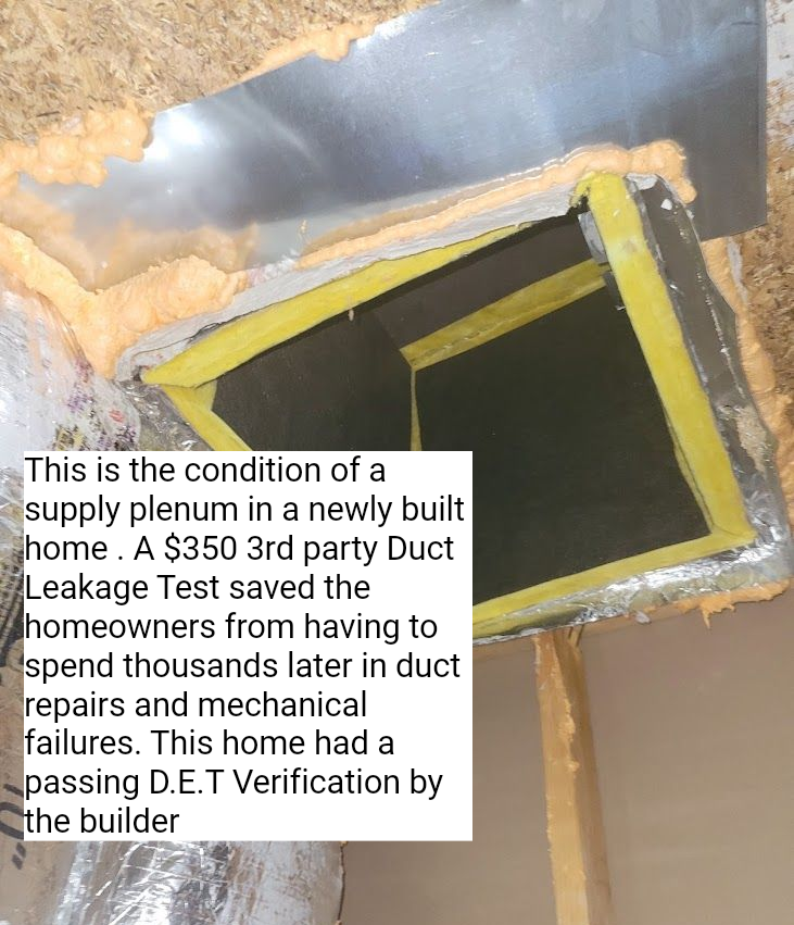 Poorly sealed supply plenum in a new home, illustrating the need for independent duct leakage testing.