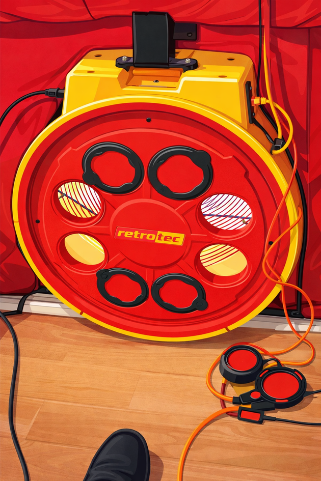 A Retrotec blower door fan system used for air leakage testing, set up against a red frame on a wooden floor.