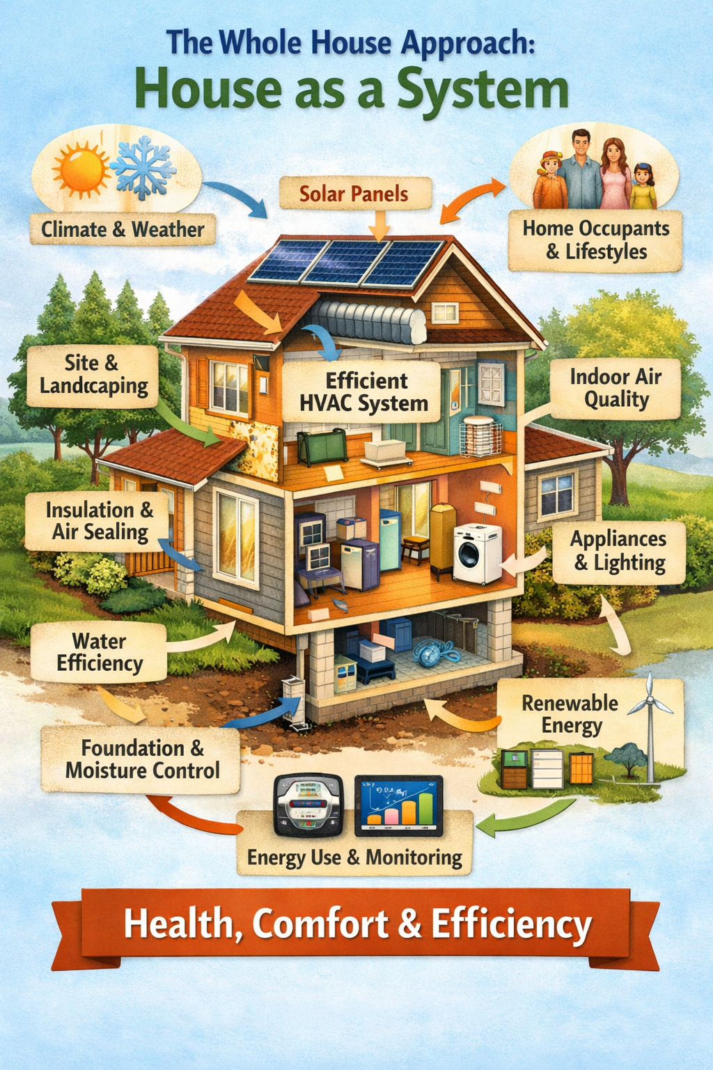 Infographic showing a house with labels for systems like HVAC, solar, and insulation to improve health and efficiency.