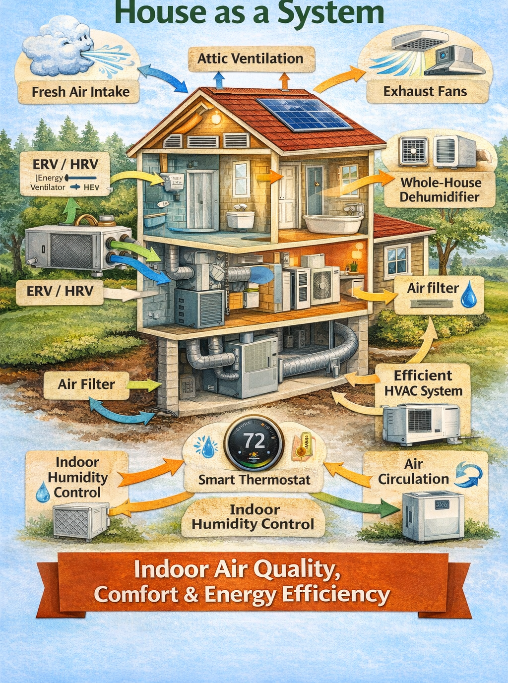 An illustration showing a house as an interconnected system, highlighting HVAC components, ventilation, and air quality.