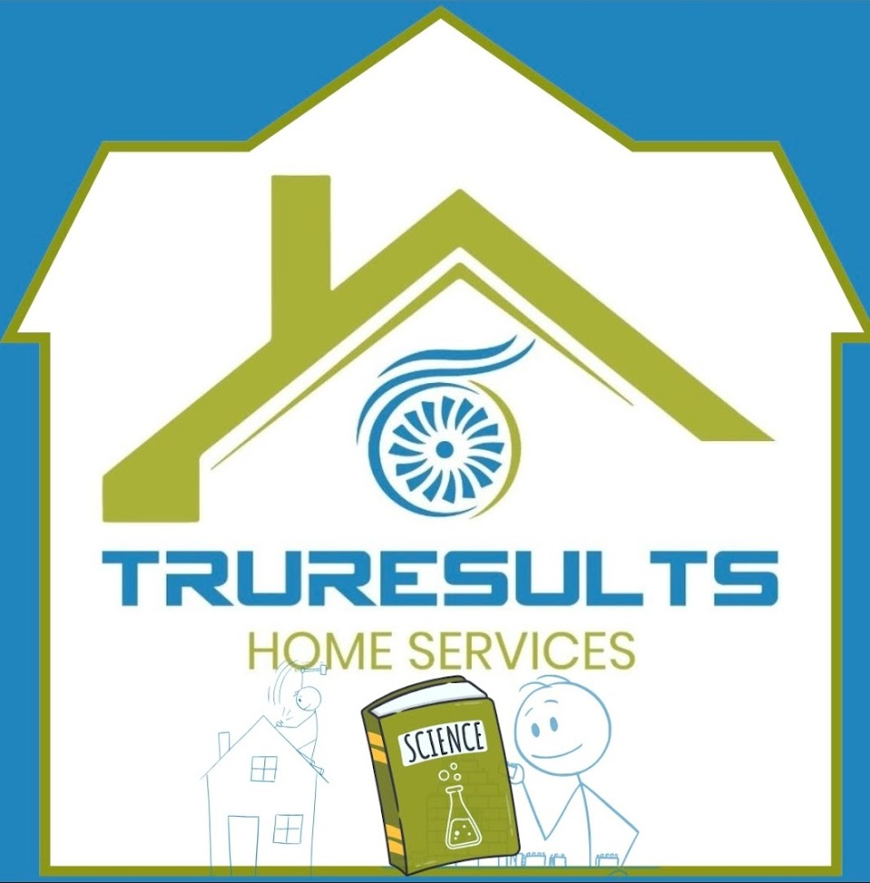 Logo for TruResults Home Services featuring a stylized house icon with a fan blade graphic and a science book illustration.