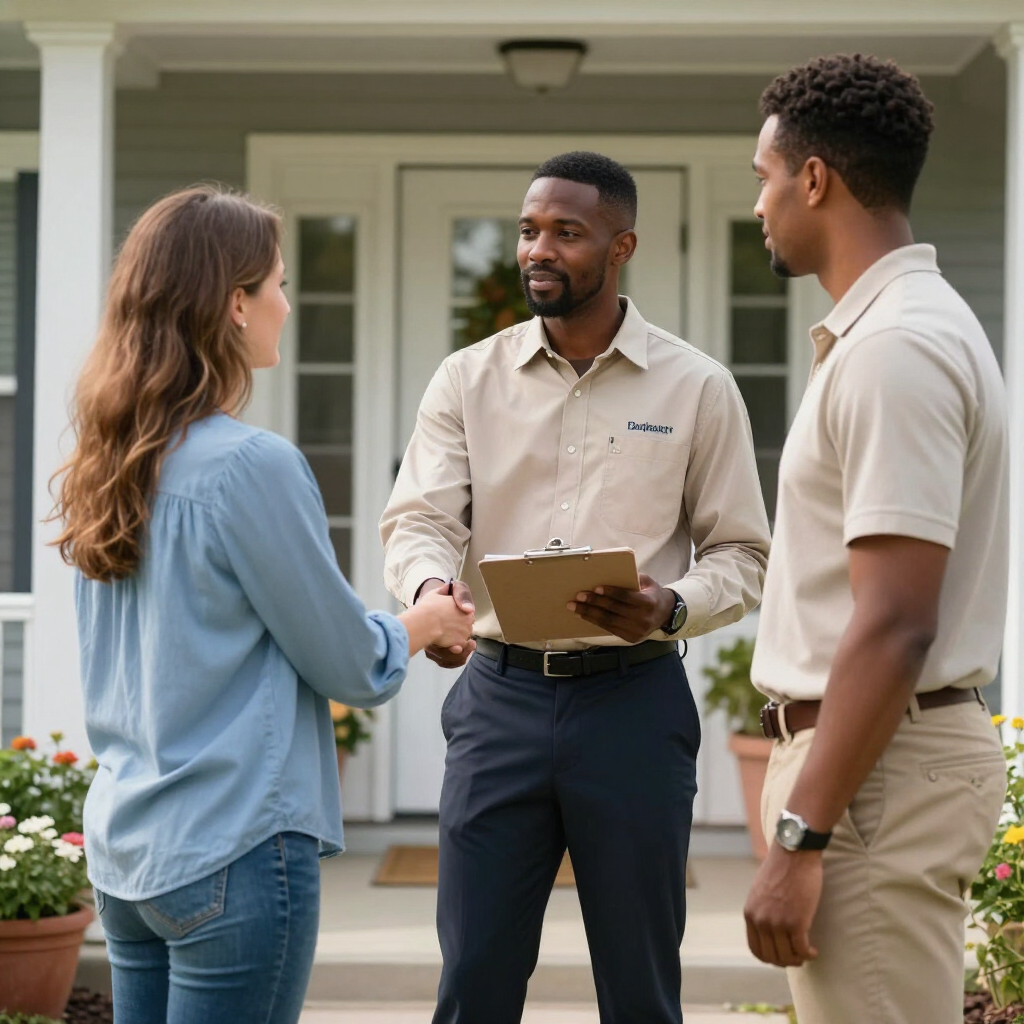 Two people shaking hands with a man holding a clipboard outside a house