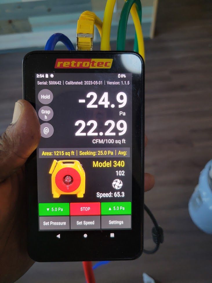 A hand holds a Retrotec blower door gauge showing a pressure reading of -24.9 Pa and an airflow of 22.29 CFM/100 sq ft.