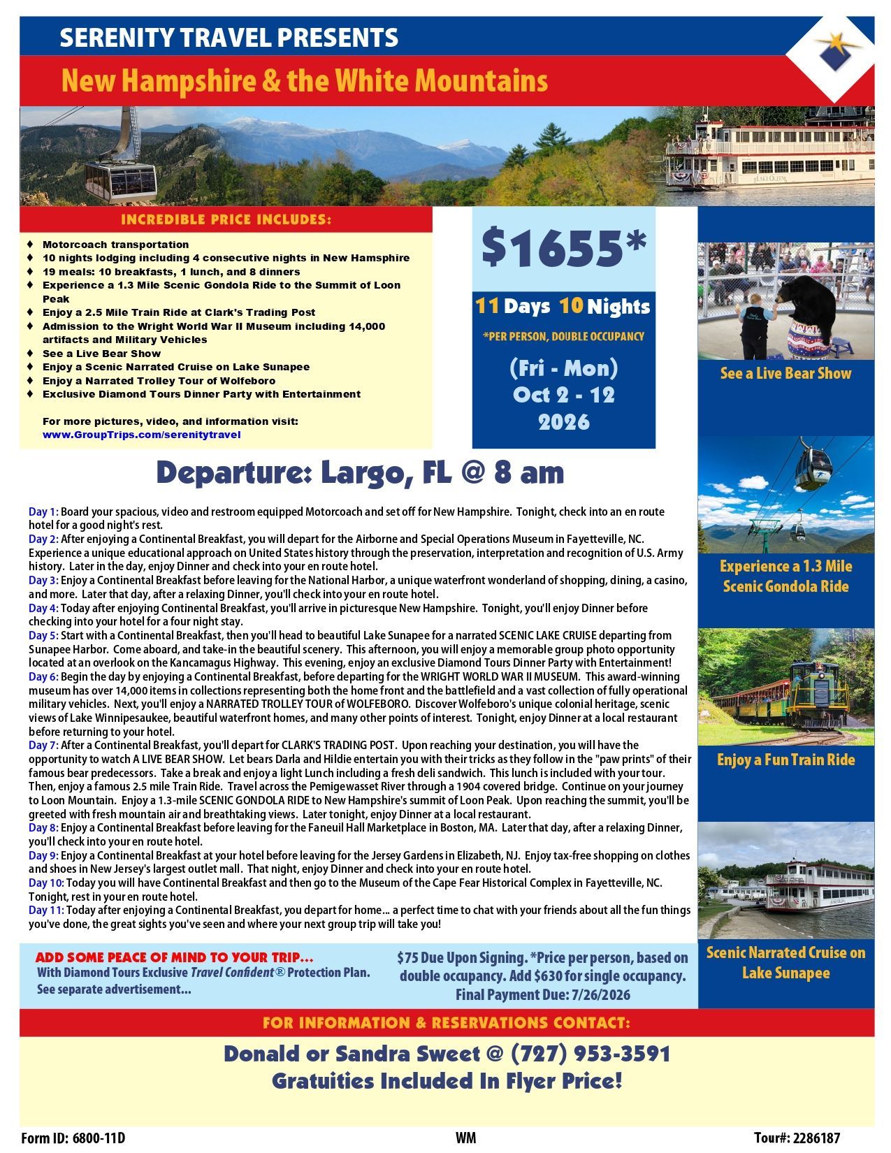 Travel brochure for New Hampshire & the White Mountains tour. Includes a picture, price, and departure information.