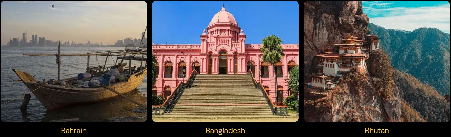 A boat a building and a mountain are shown in a collage