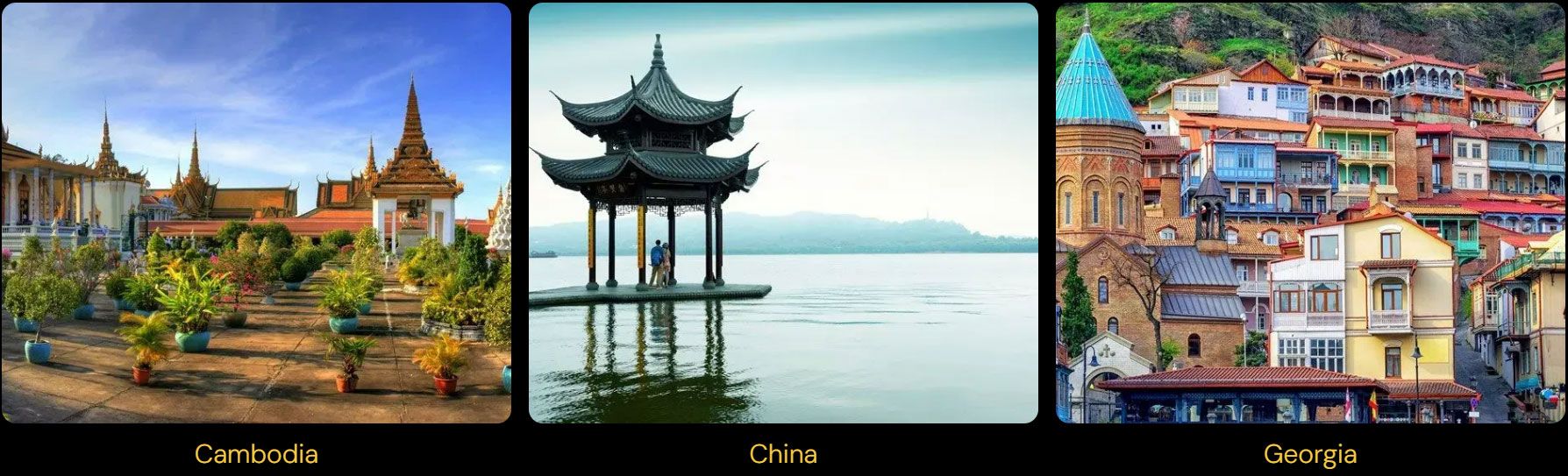 A picture of a pagoda , a picture of a lake , and a picture of a city.