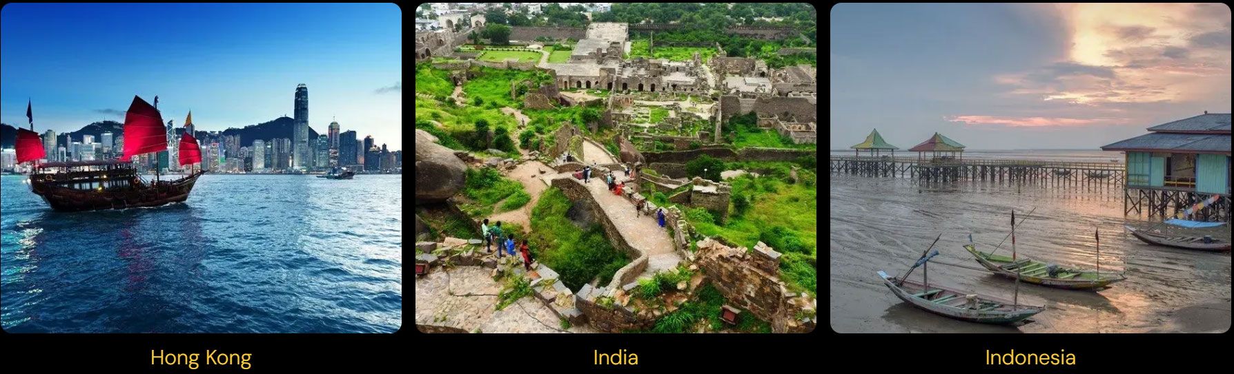 A collage of three pictures of different places including hong kong