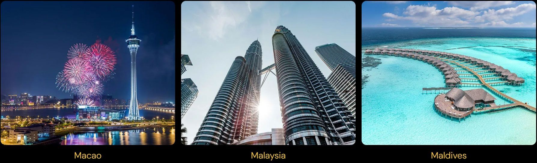 A collage of three pictures of a city , a mountain , and a body of water.