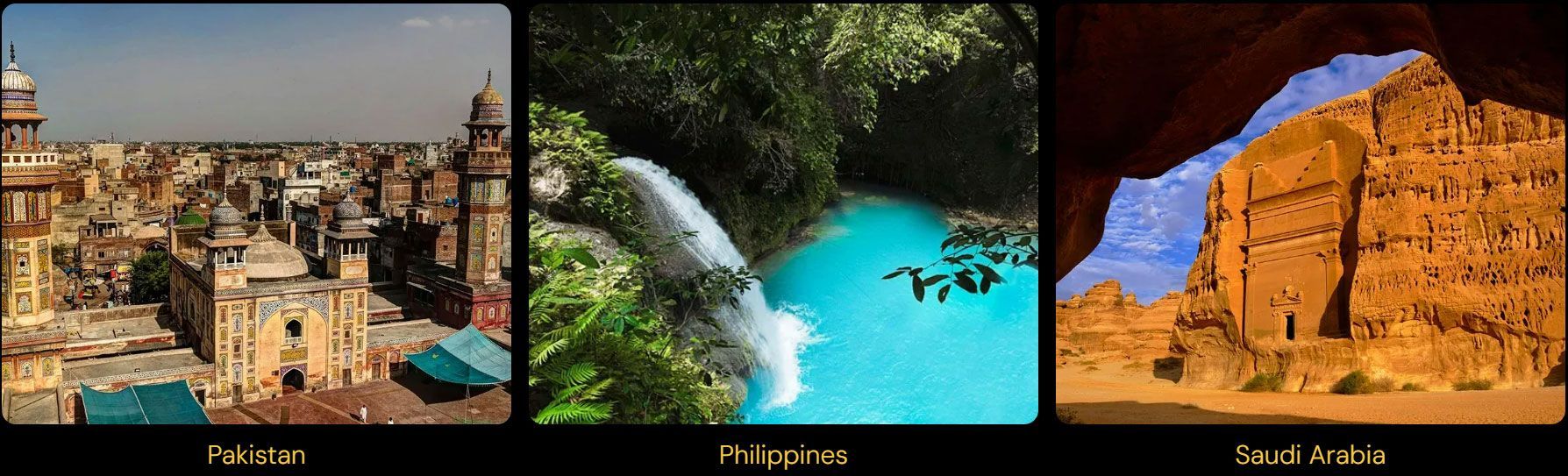 A collage of three pictures shows a city a waterfall and a building