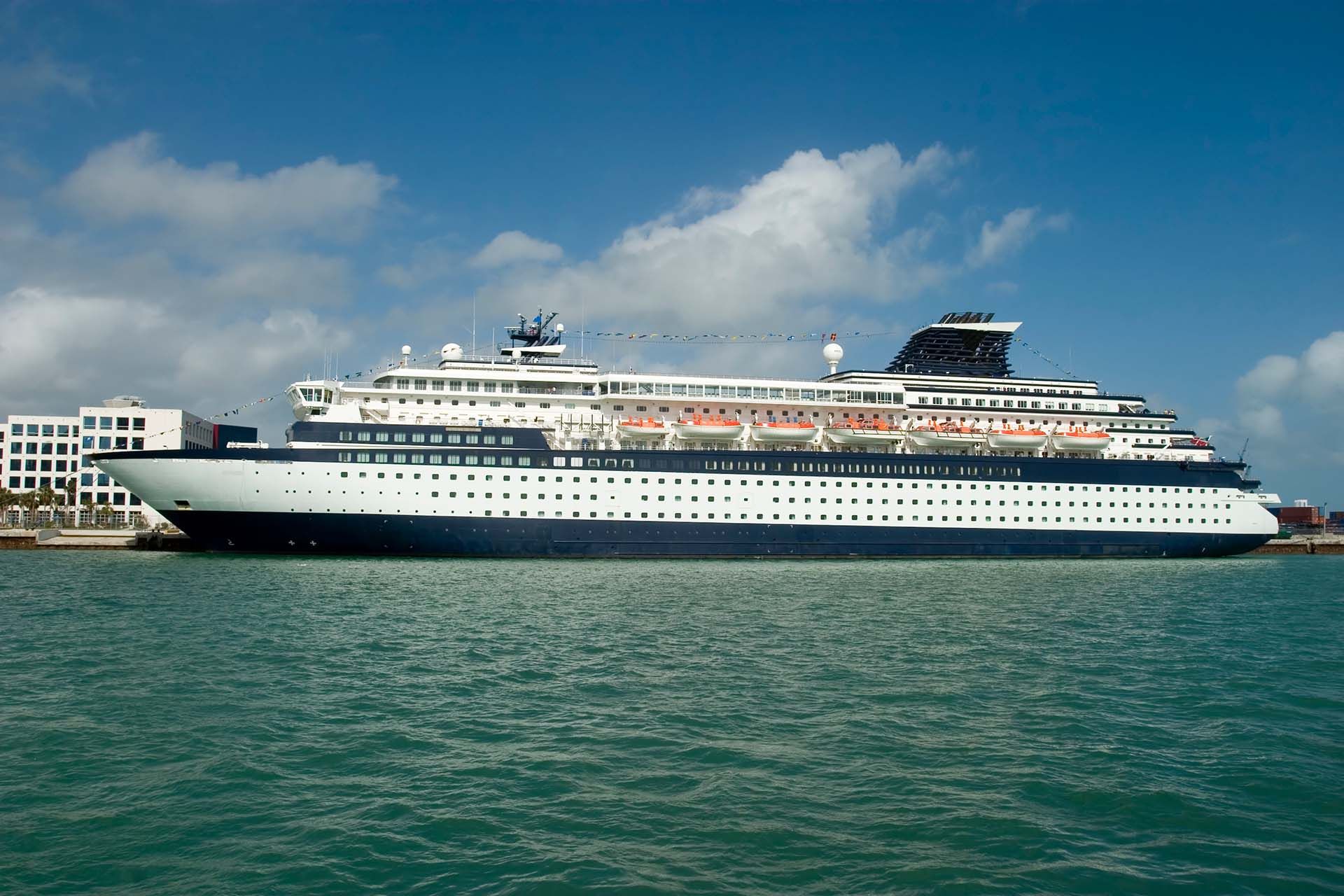 Large cruise ship docked at port.