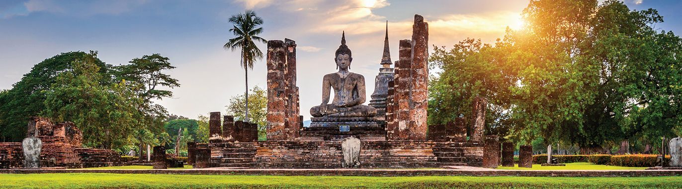 A road going through a lush green field with mountains in the background.