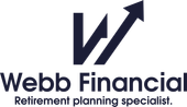 Webb Financial logo: Dark blue stylized "W" with upward-pointing arrow, text "Webb Financial," and tagline "Retirement planning specialist."