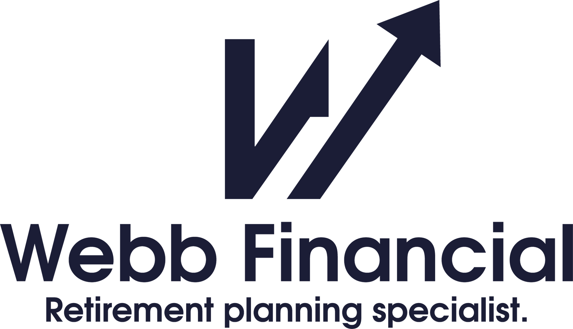 Webb Financial logo: Dark blue stylized "W" with upward-pointing arrow, text "Webb Financial," and tagline "Retirement planning specialist."
