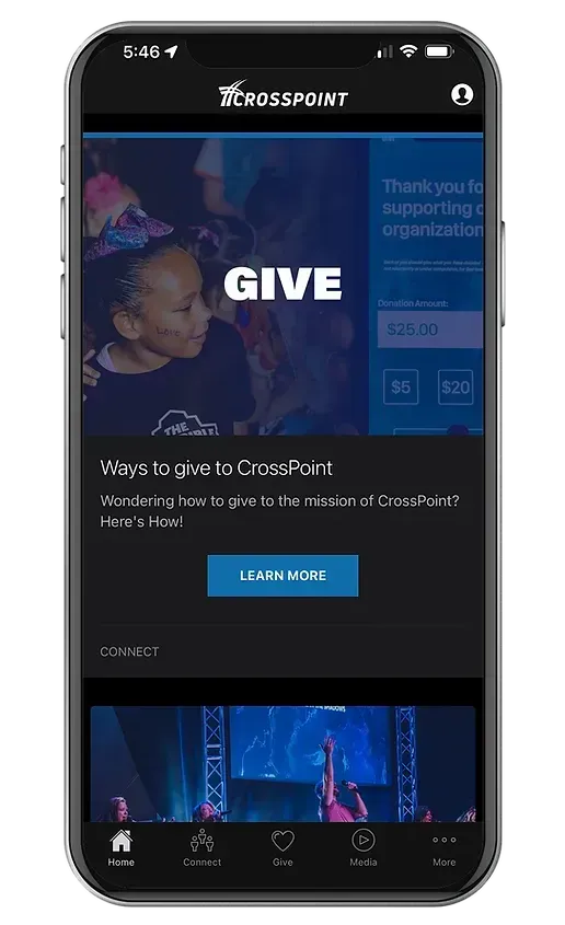 A cell phone with a screenshot of the crosspoint app on it.