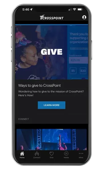 A cell phone with a screenshot of the crosspoint app on it.