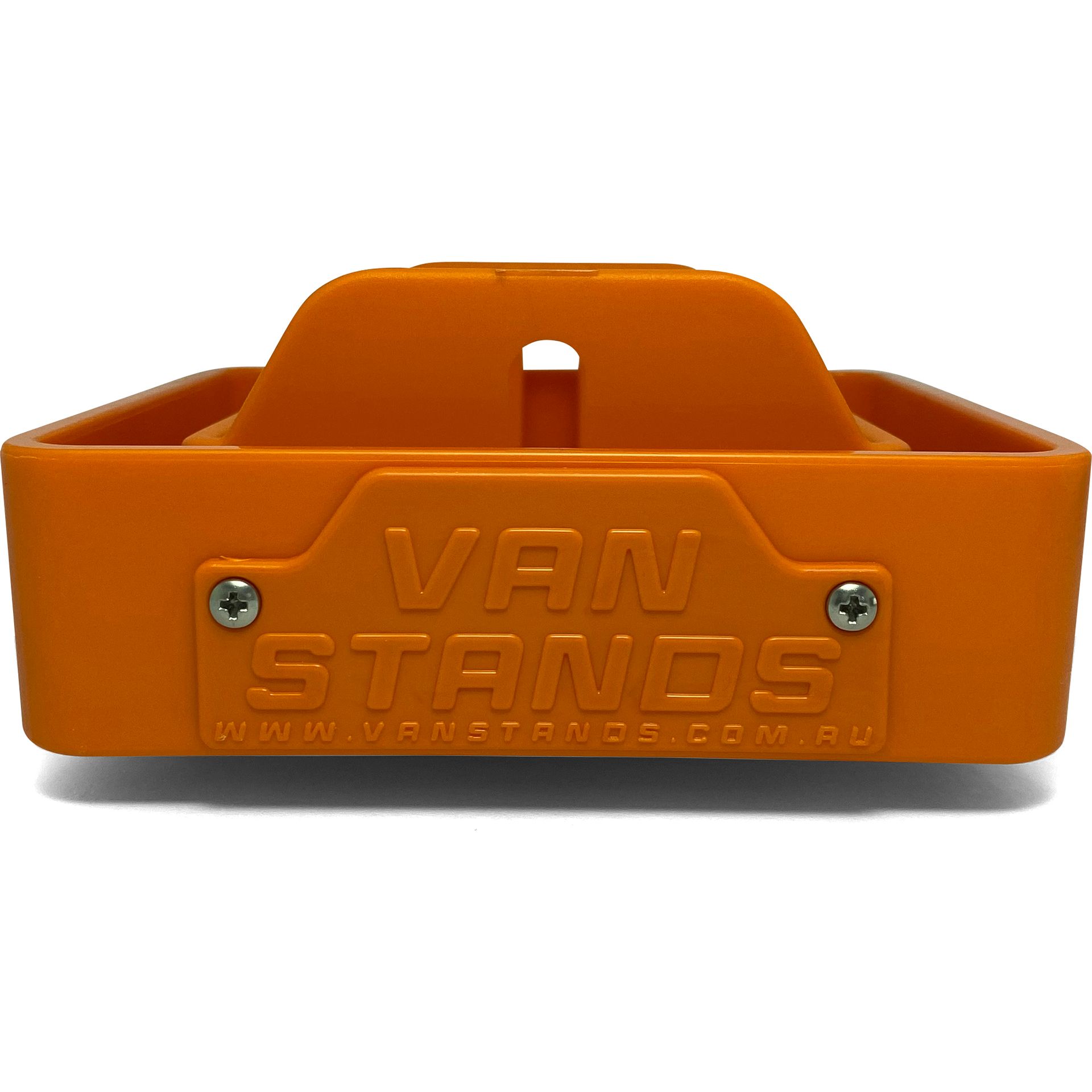 A Sunset Orange Van Stand with a Sunset Orange nameplate
