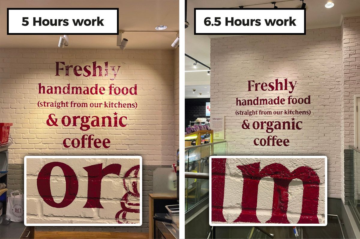 Hand painting on to brick at Pret. The Sign Painter.