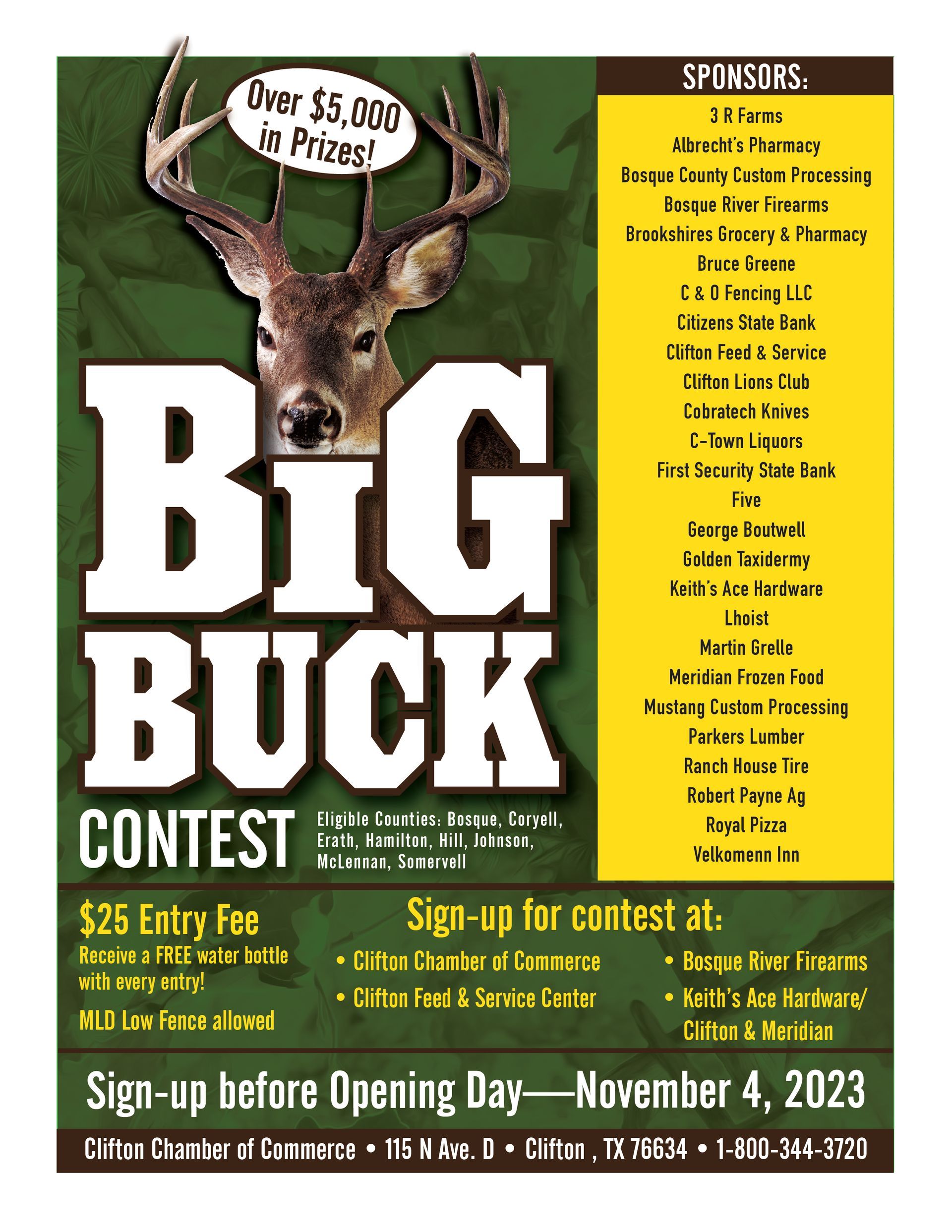A poster for a big buck contest with a deer on it