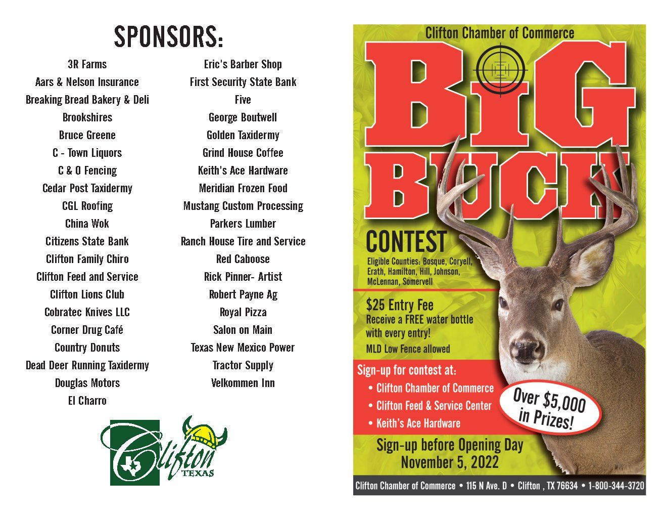 A poster for a big buck contest with sponsors