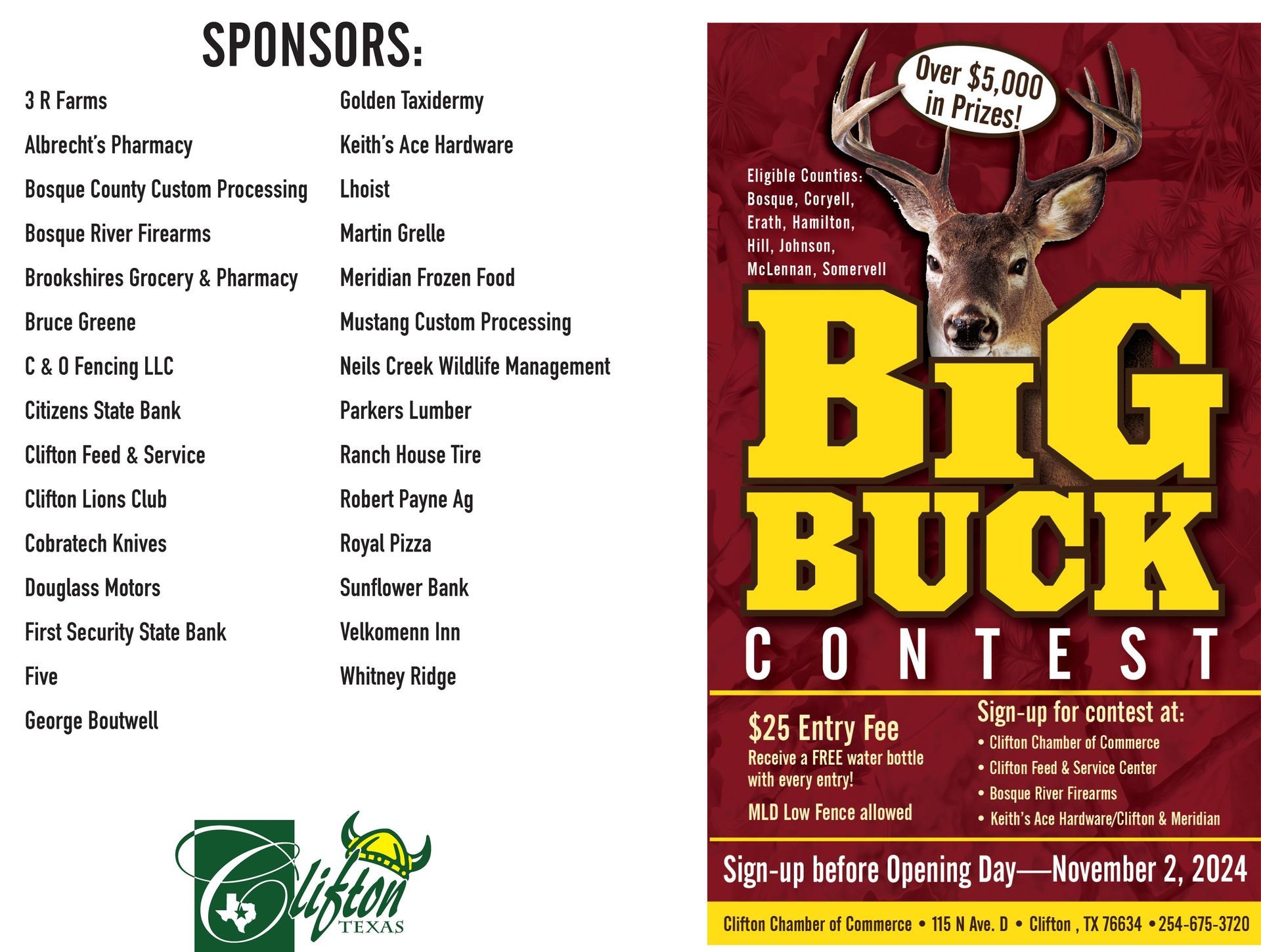 An advertisement for a big buck contest with sponsors