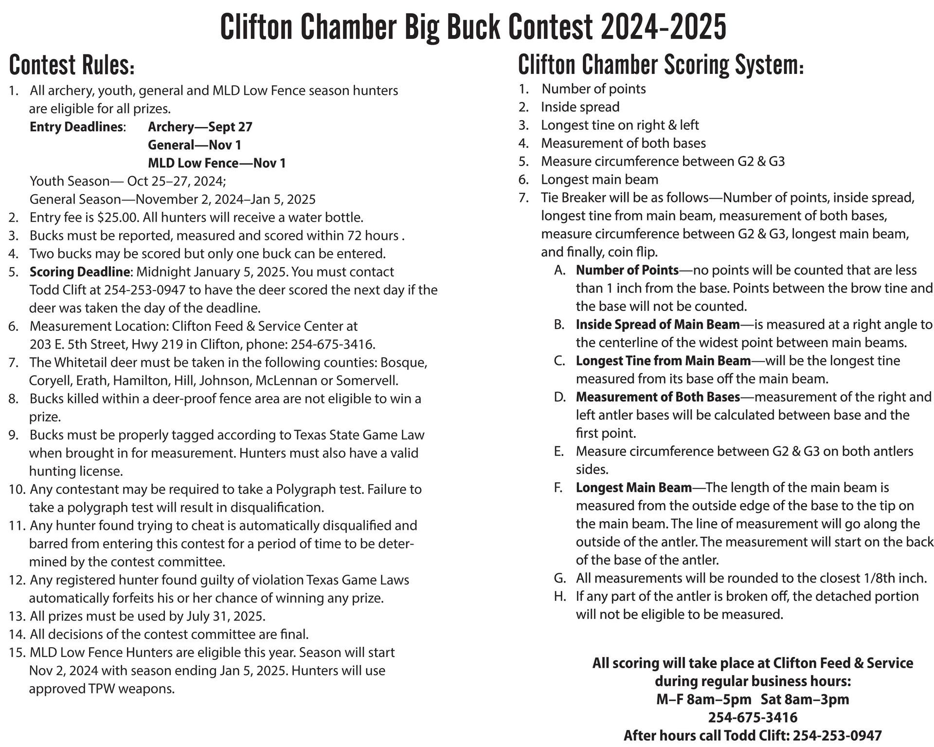 A flyer for the Clifton Chamber Big Buck Contest 2024-2025 with contest rules and a scoring system.