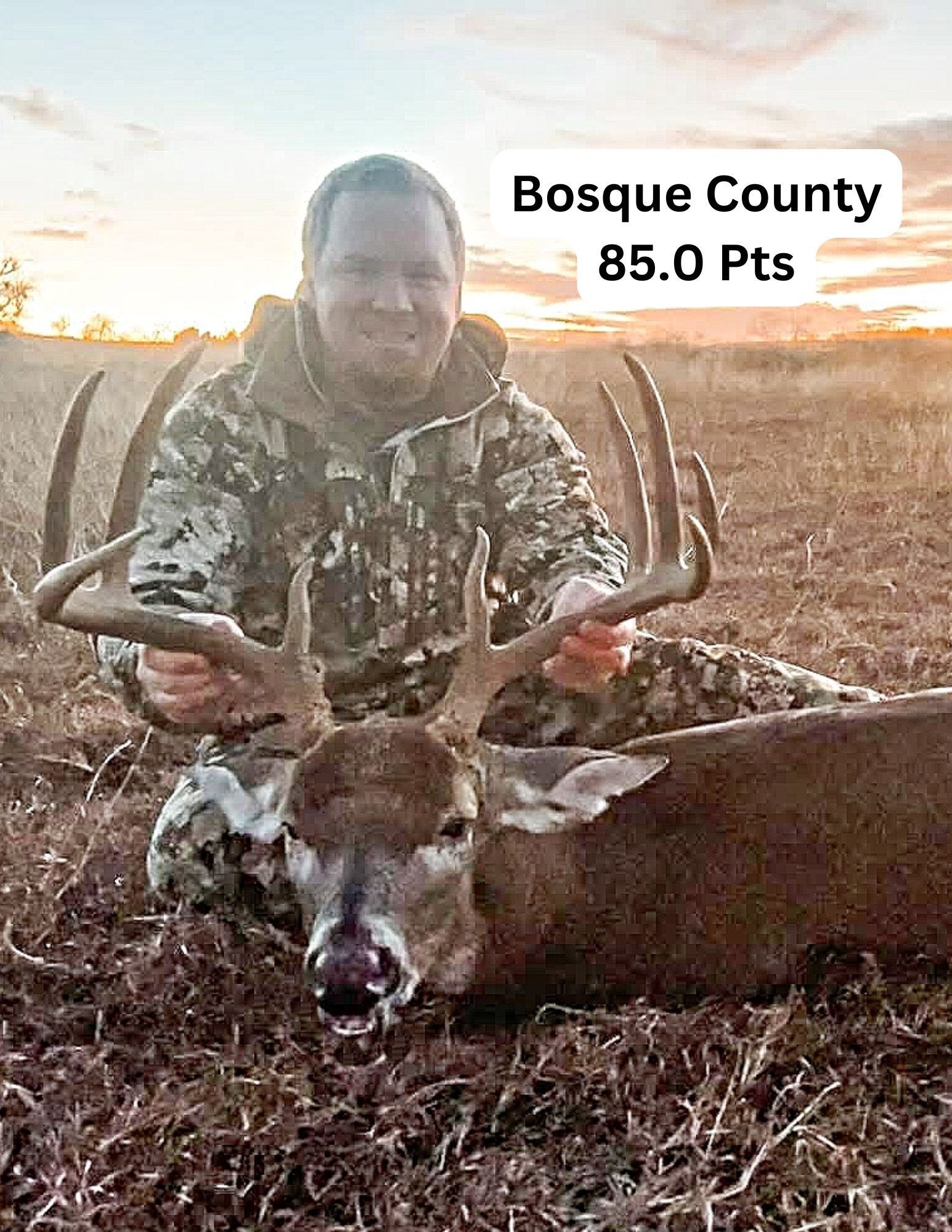 Man in camo holds deer antlers in Bosque County, TX. 85 points. Sunset background.