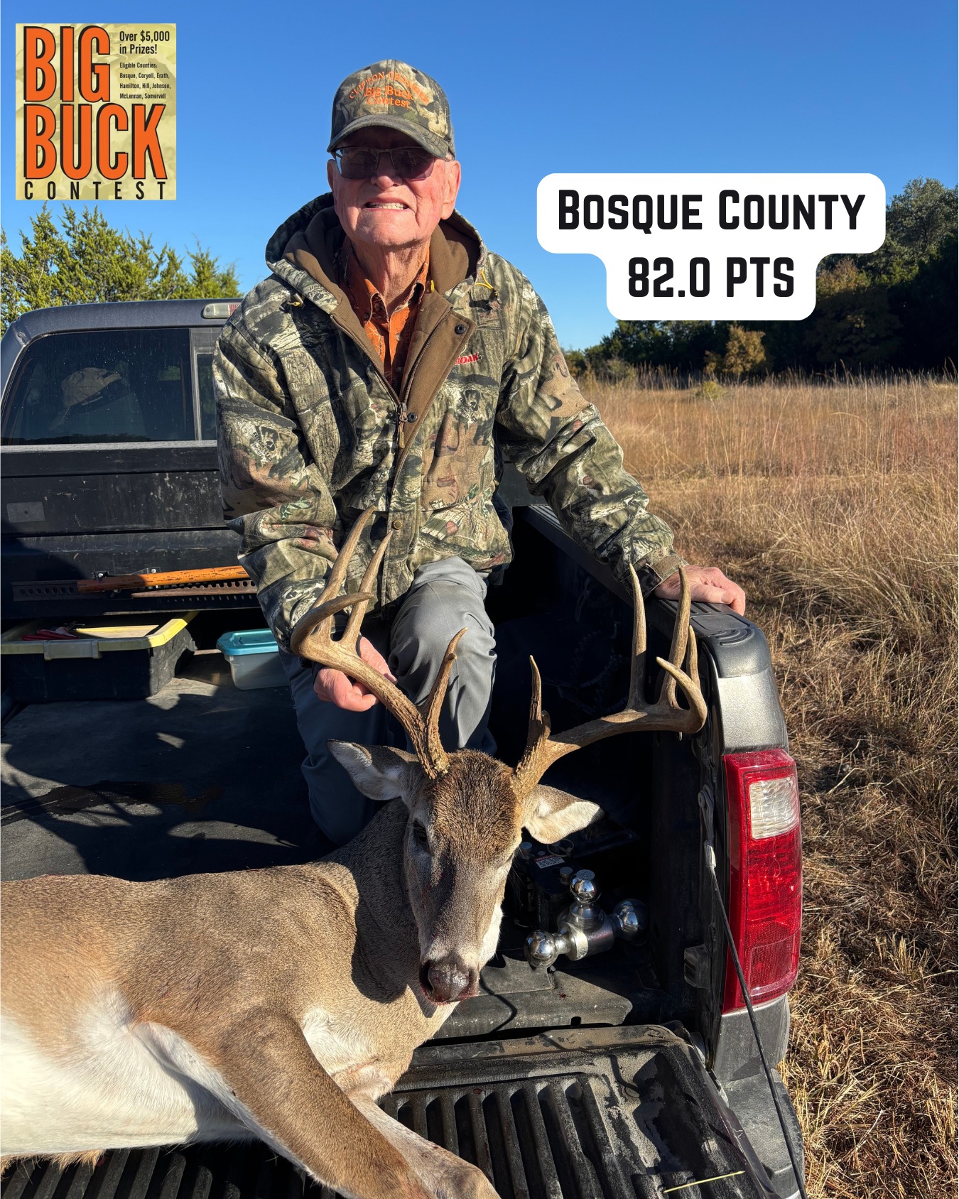 Man in camo with a deer in a truck bed. Bosque County, 82.0 points.