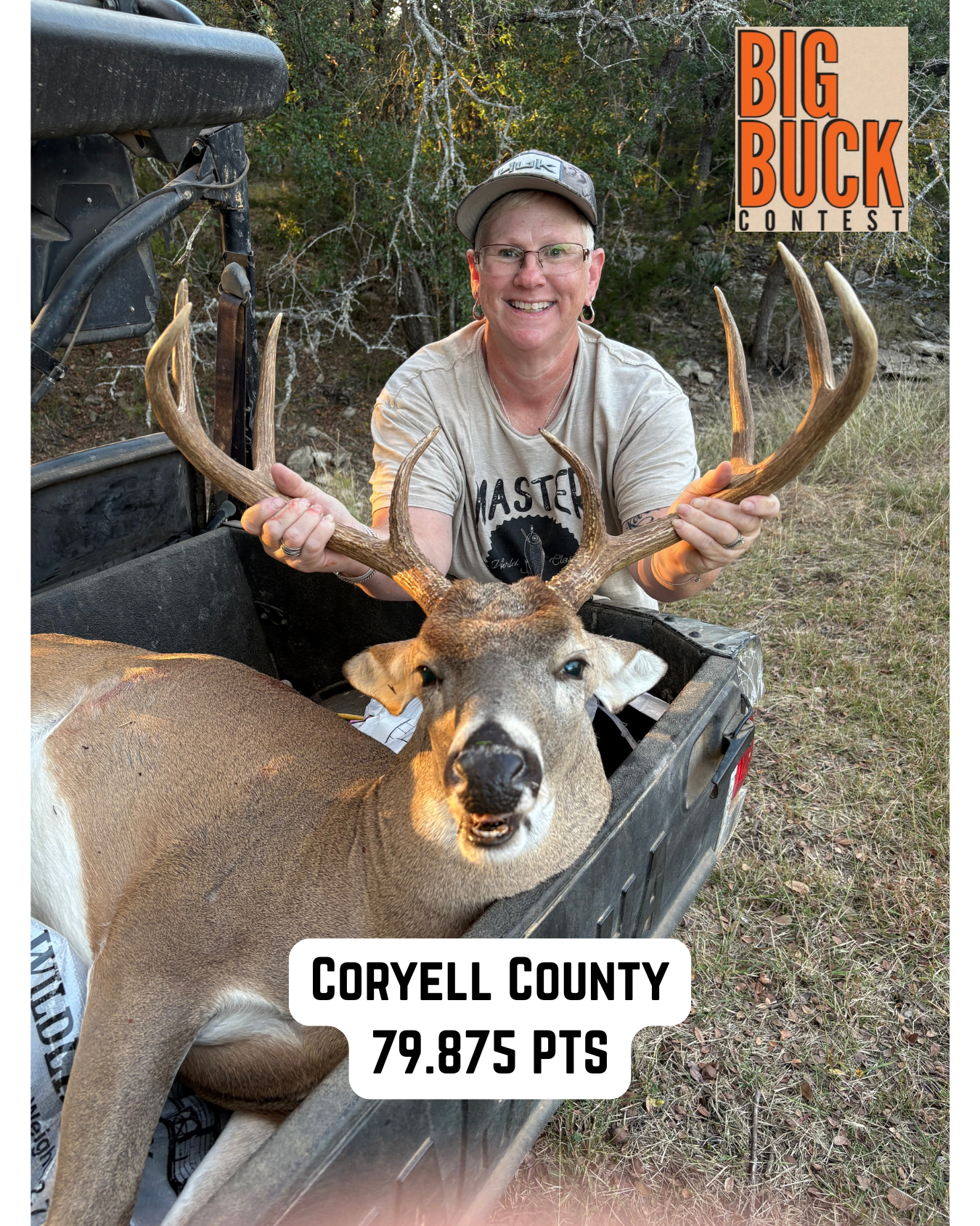 Man holding a large deer in a truck bed, Coryell County, 79.875 pts.