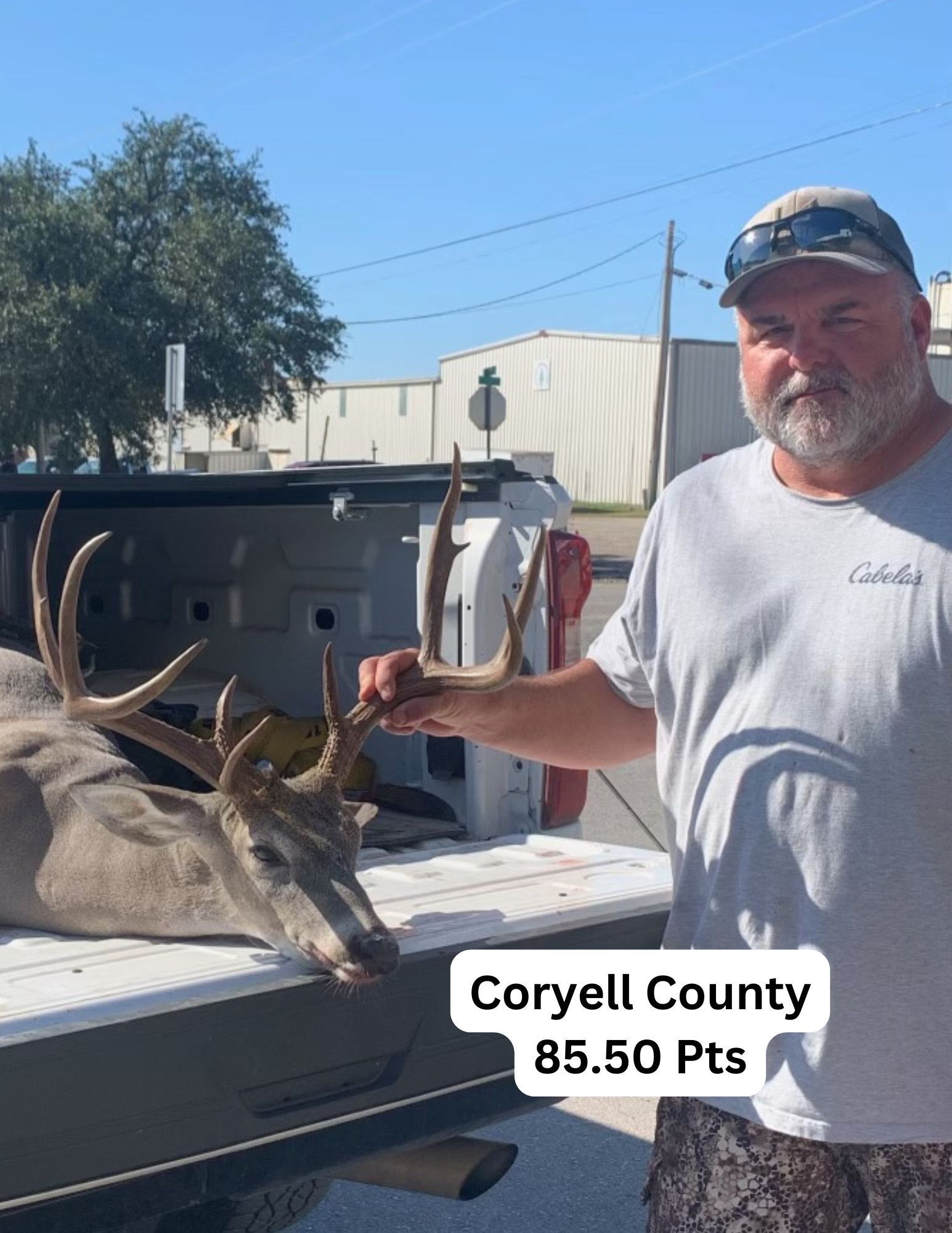 Man holding deer antlers in Coryell County, Texas. He is standing next to a truck bed. The deer scores 85.50 points.