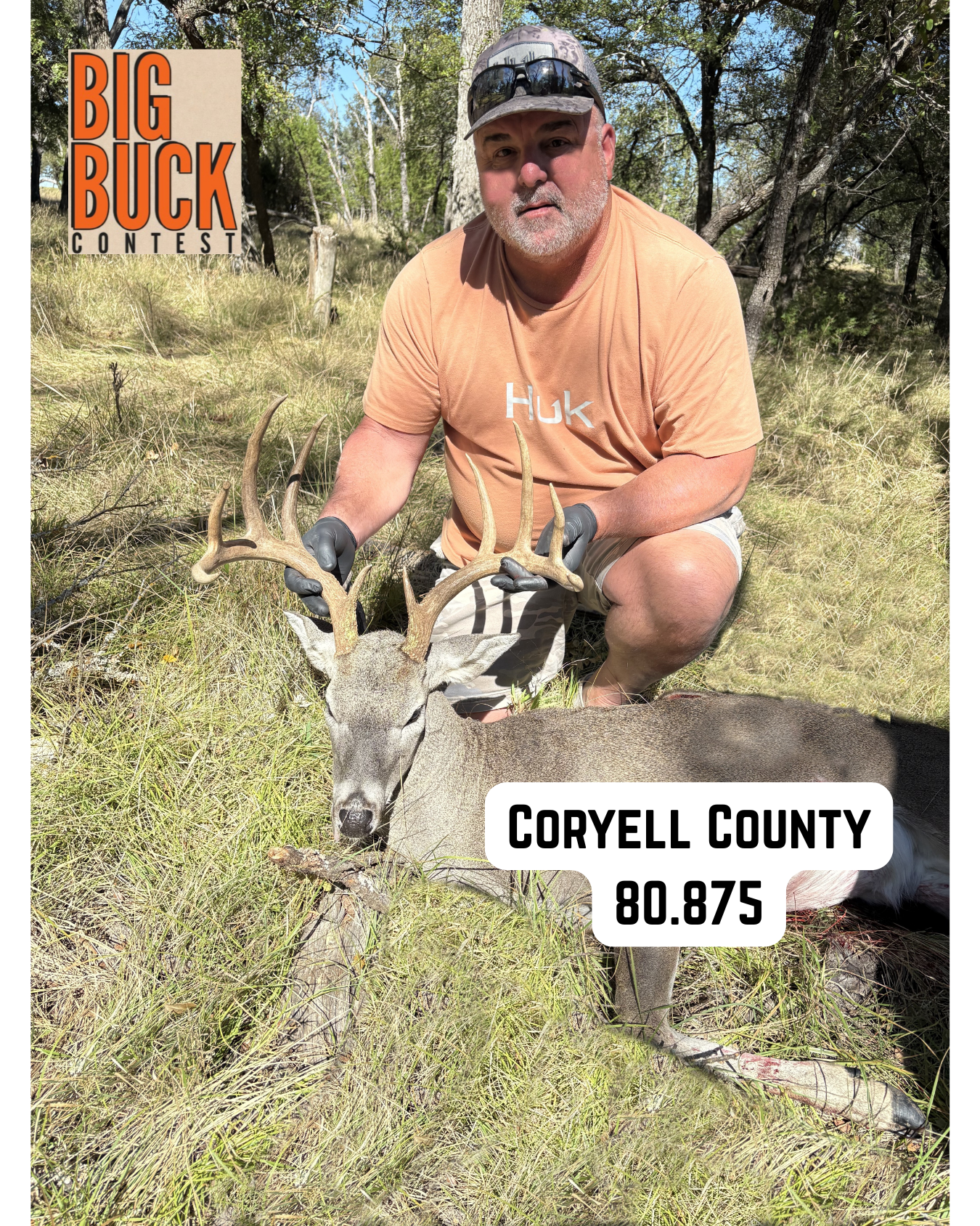 Man kneels with a deer he shot in Coryell County. He's wearing a hat, brown shirt, and gloves.