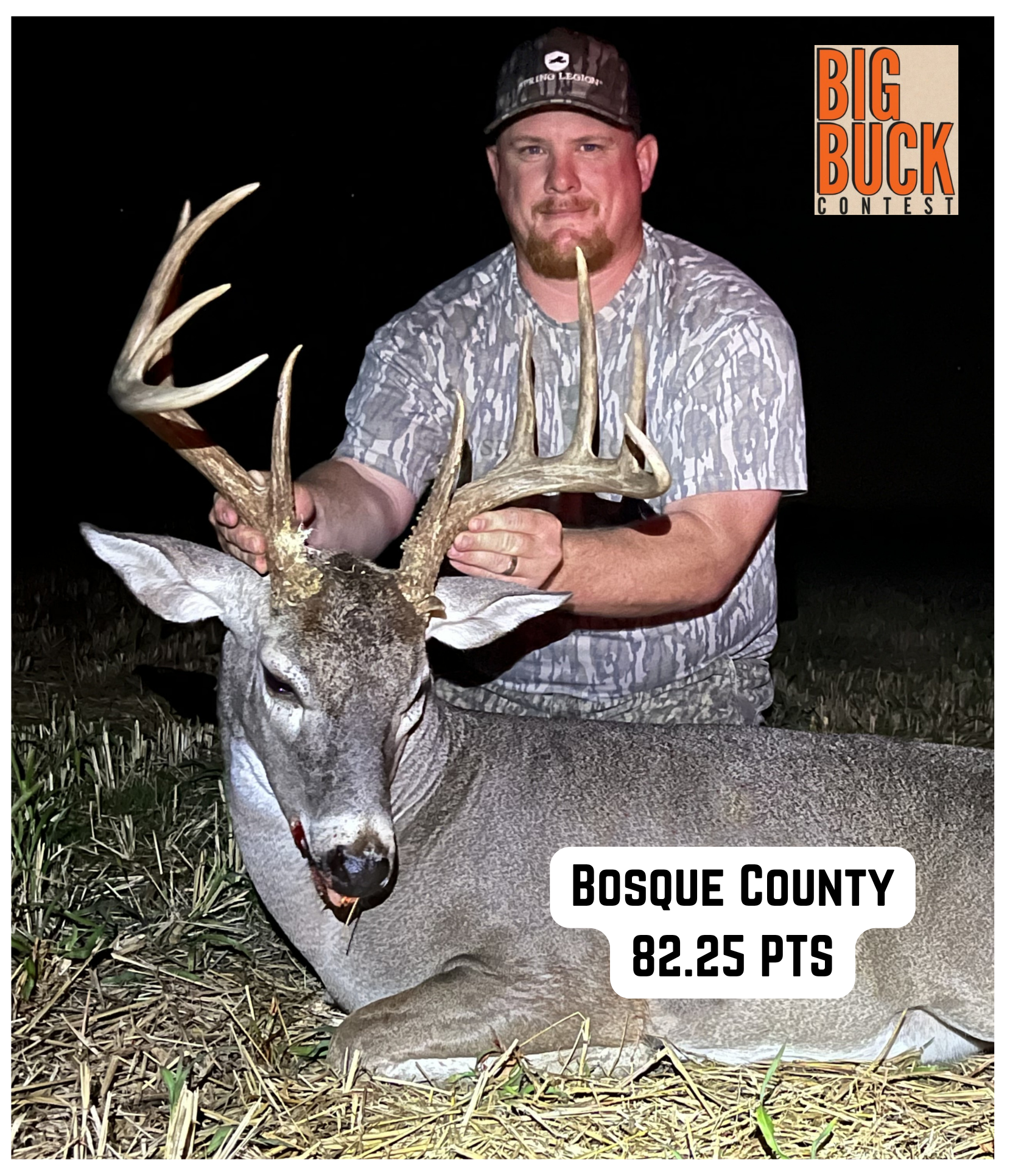 Man holding a deer trophy with large antlers, in Bosque County, Texas.