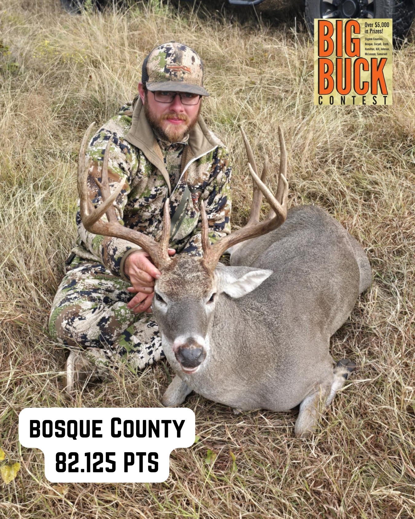 Hunter in camo kneels next to a large deer. Bosque County, 82.125 points.