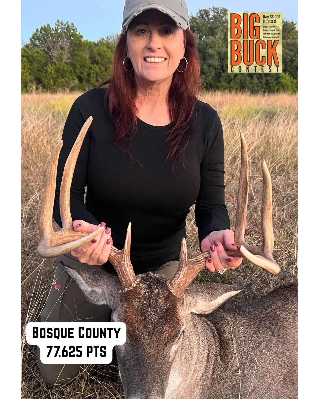 Woman smiles, holding deer antlers. Bosque County, 77.625 PTS. Outdoors, field, Big Buck Series logo.